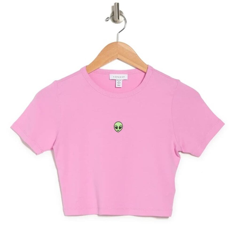 Topshop Alien Embroidered Crew Short Sleeve Crop Tee Pink 100% Cotton